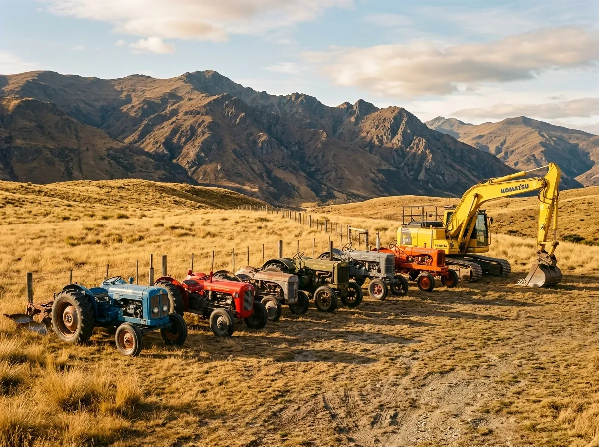 Machinery lined up under the Central Otago ranges